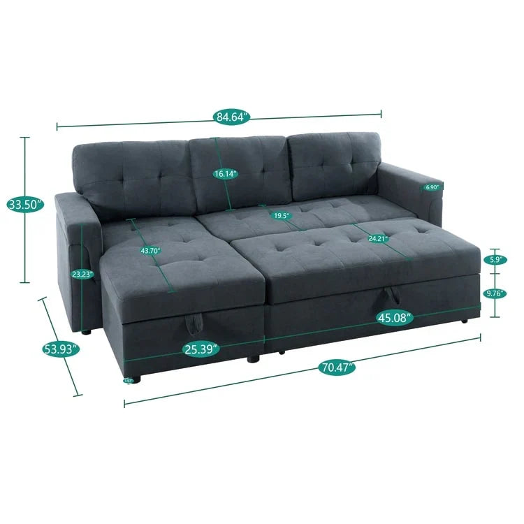 Umbaubares, beidseitig montierbares Ecksofa mit ausziehbarem Schlafbett, verstecktem Stauraum in der Recamiere und robusten Beinen