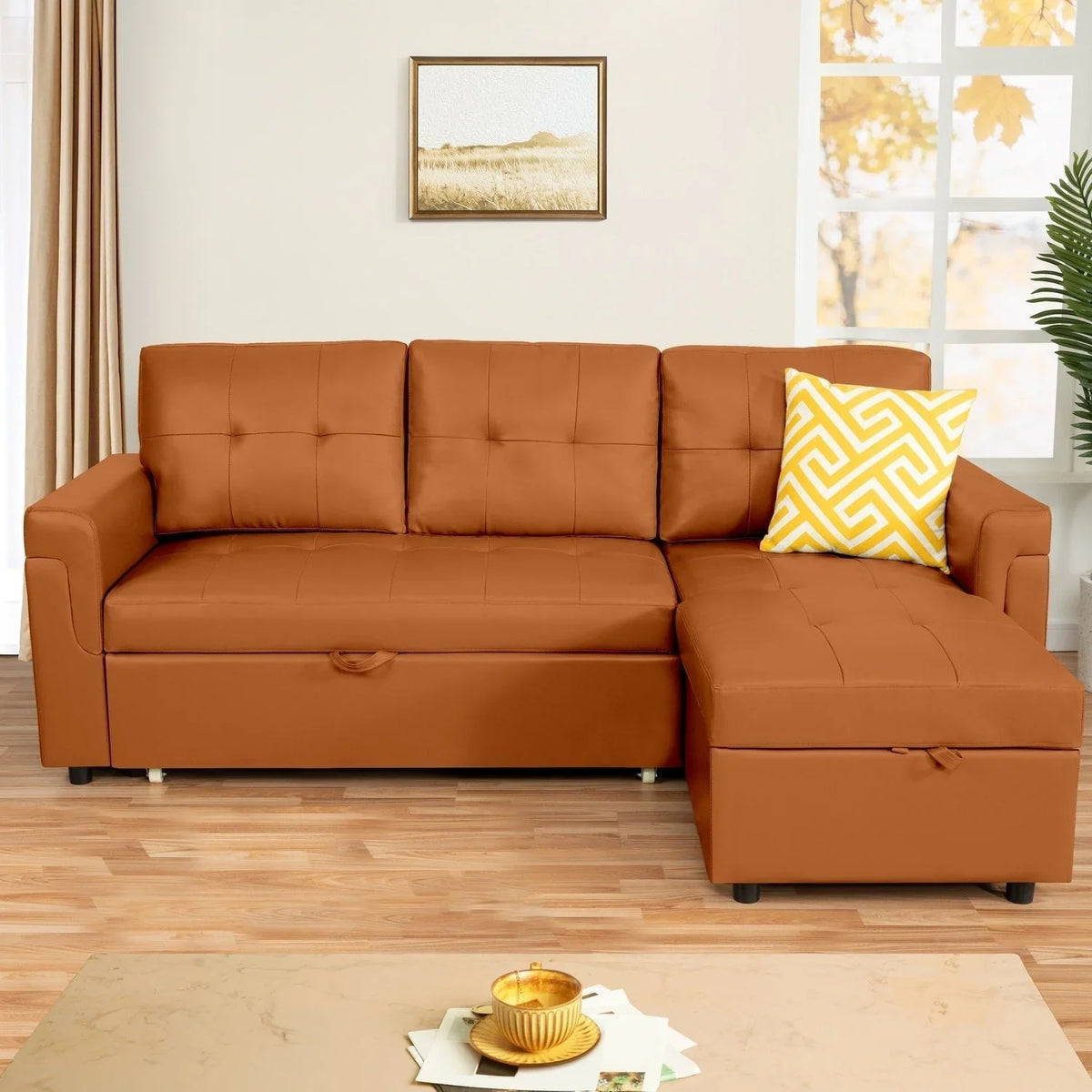 Divano componibile reversibile trasformabile con letto estraibile, chaise longue con contenitore nascosto e gambe resistenti