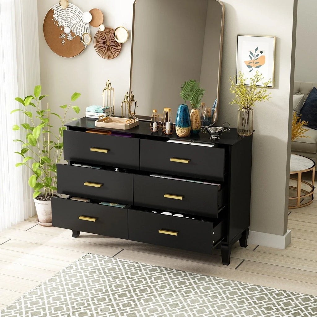 Timechee 6 Drawer 47.2W Double Dresser Solid Wood Legs Lacquer Chest