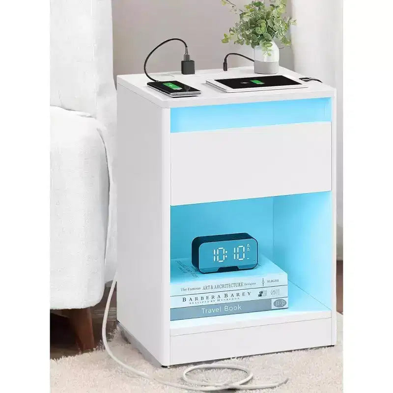 Comodino con Stazione di Ricarica, Tavolino da Notte con Cassetto, Luci LED Regolabili Moderne, 2 Prese CA, 2 Porte USB per Camera da Letto