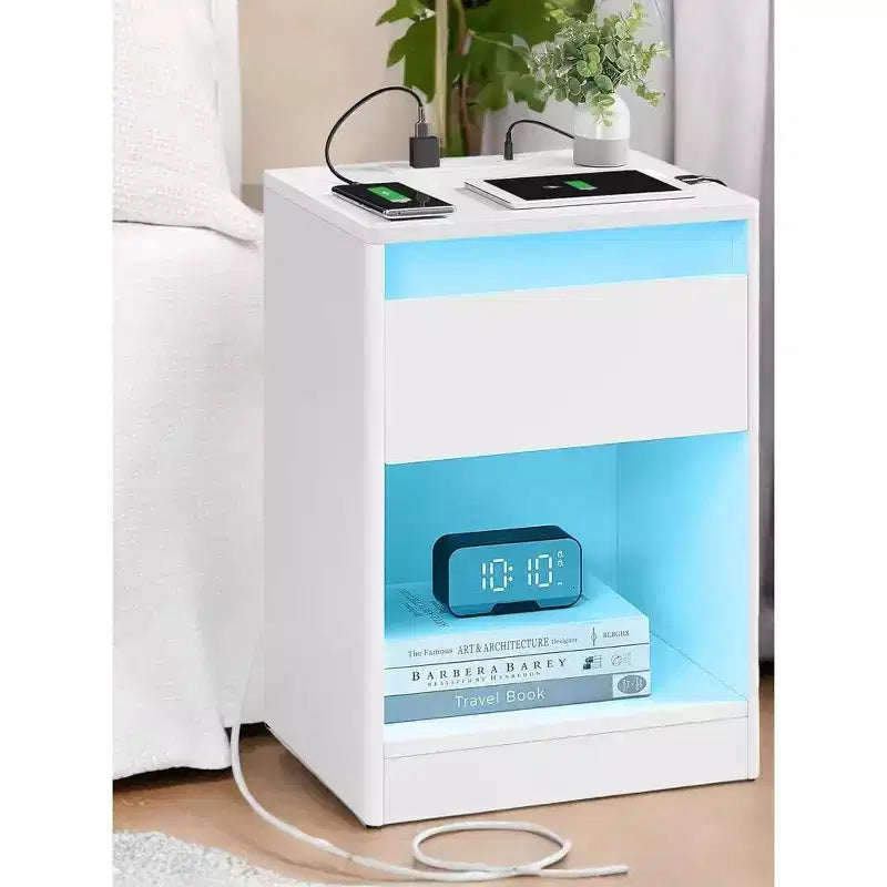 Comodino con Stazione di Ricarica, Tavolino da Notte con Cassetto, Luci LED Regolabili Moderne, 2 Prese CA, 2 Porte USB per Camera da Letto