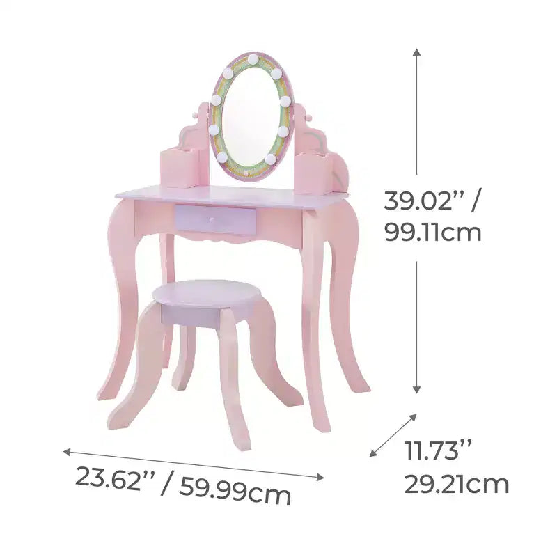 Toeletta in legno Rapunzel con specchio LED e sgabello, rosa