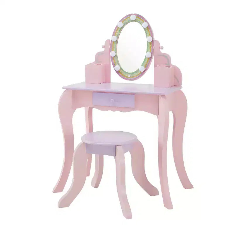 Toeletta in legno Rapunzel con specchio LED e sgabello, rosa