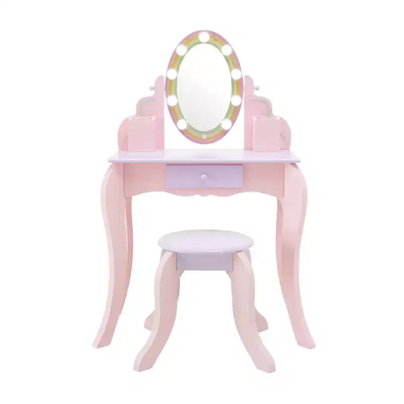 Little Princess Rapunzel Wooden Vanity with LED Mirror & Stool, Pink