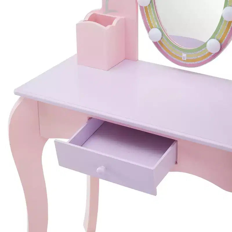 Toeletta in legno Rapunzel con specchio LED e sgabello, rosa