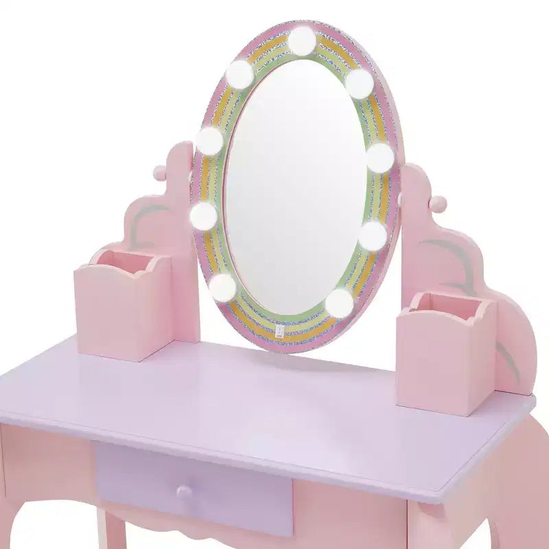 Toeletta in legno Rapunzel con specchio LED e sgabello, rosa