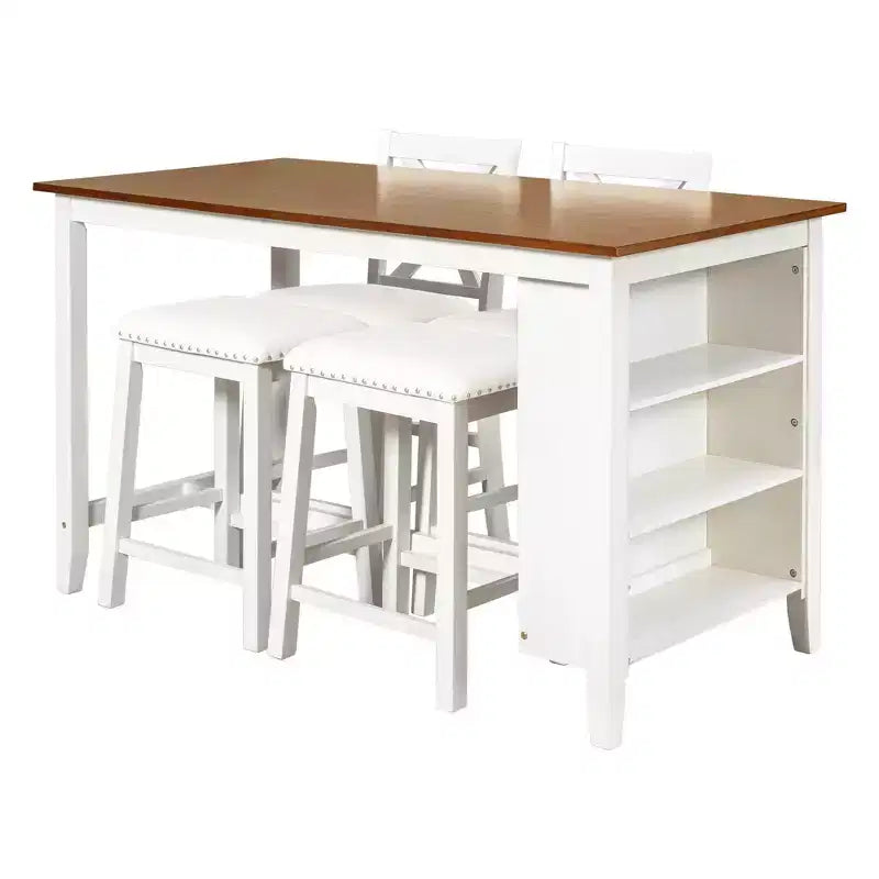 Set da pranzo Whisen Farmhouse a 5 pezzi, altezza bancone, con 2 sgabelli e 2 sedie