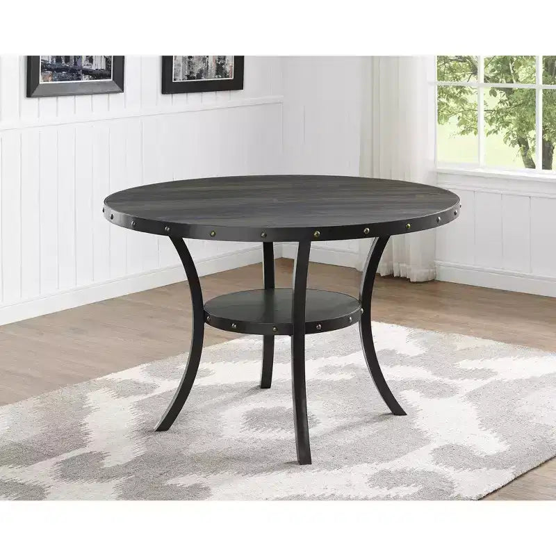 Set da pranzo in legno Biony Espresso di Roundhill Furniture con sedie in tessuto e borchie