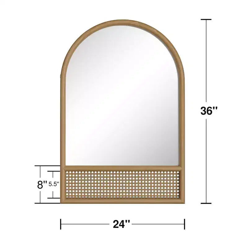 Specchio da parete classico con cornice ad arco in legno e fondo in rattan