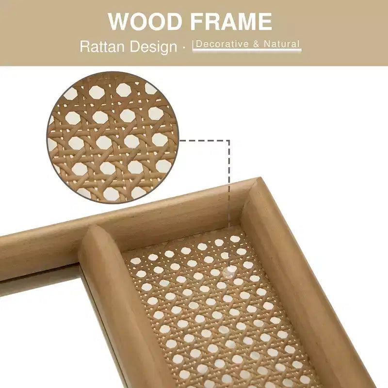 Specchio da parete classico con cornice ad arco in legno e fondo in rattan