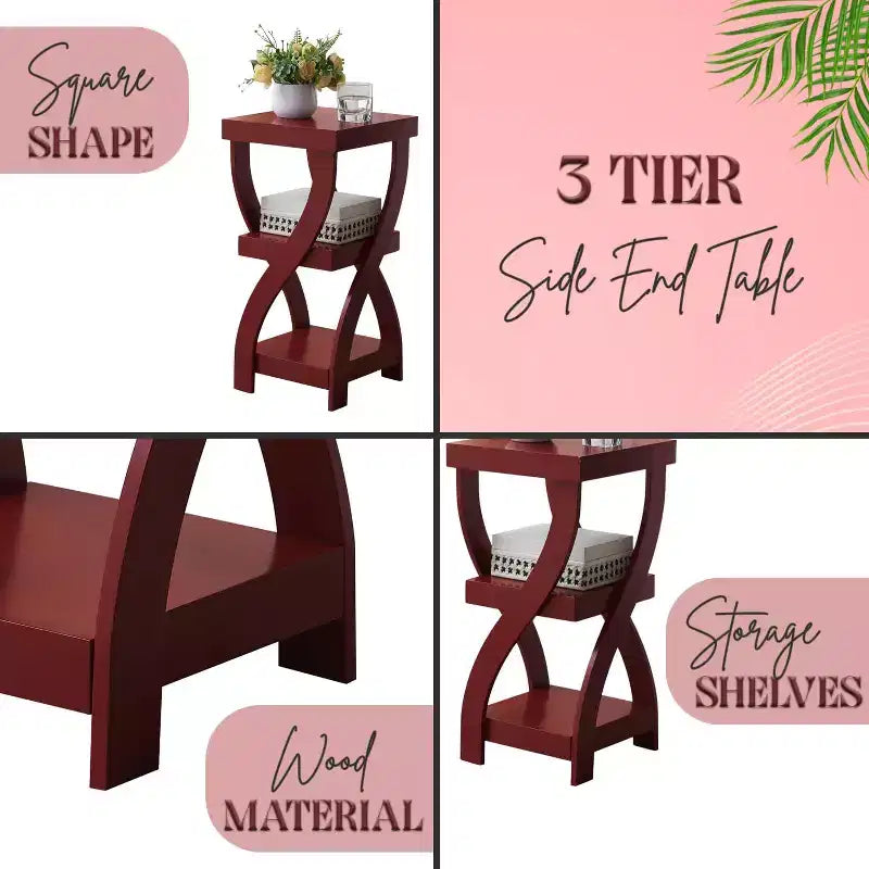 3-Tier Wooden End Table with Shelves - Square Nightstand for Bedroom or Bookshelf