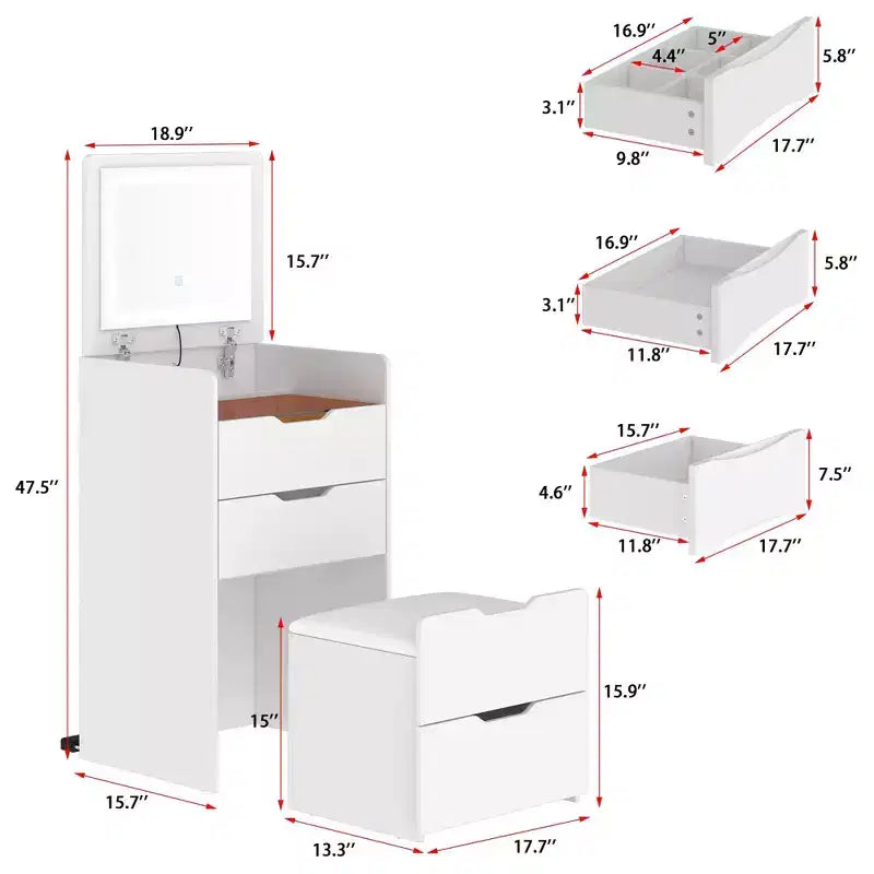 Famapy Tavolo da toeletta bianco pieghevole con contenitore, design a pezzo unico, porta gioielli superiore