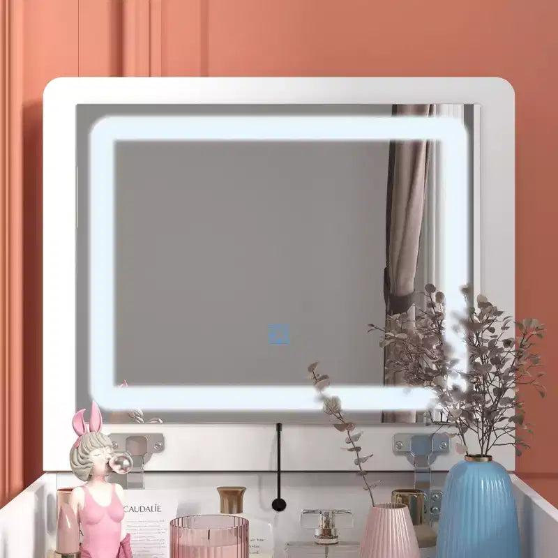 Famapy Tavolo da toeletta bianco pieghevole con contenitore, design a pezzo unico, porta gioielli superiore