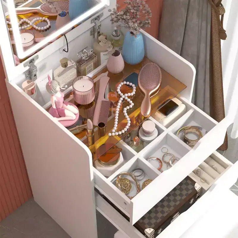 Famapy Tavolo da toeletta bianco pieghevole con contenitore, design a pezzo unico, porta gioielli superiore