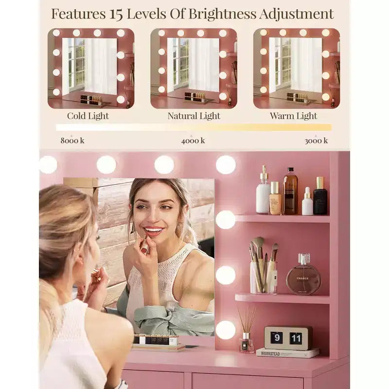 HYLEORY Tavolo da trucco con specchio, presa di corrente e 10 luci, con 3 cassetti, 3 modalità di colore disponibili per la camera da letto