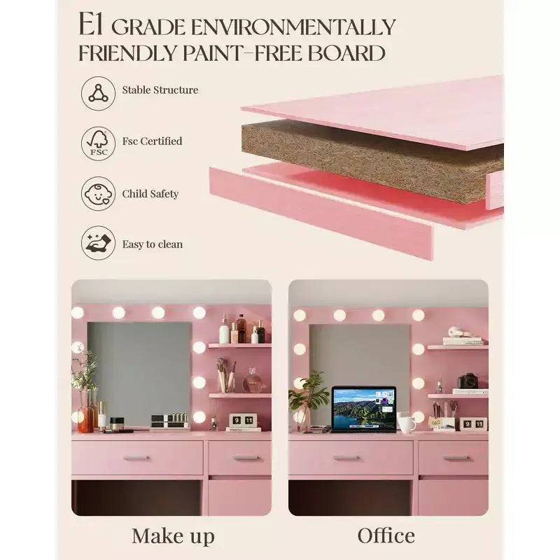 HYLEORY Tavolo da trucco con specchio, presa di corrente e 10 luci, con 3 cassetti, 3 modalità di colore disponibili per la camera da letto