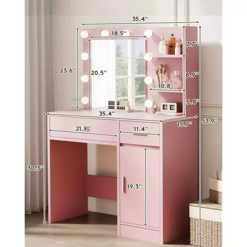 HYLEORY Tavolo da trucco con specchio, presa di corrente e 10 luci, con 3 cassetti, 3 modalità di colore disponibili per la camera da letto