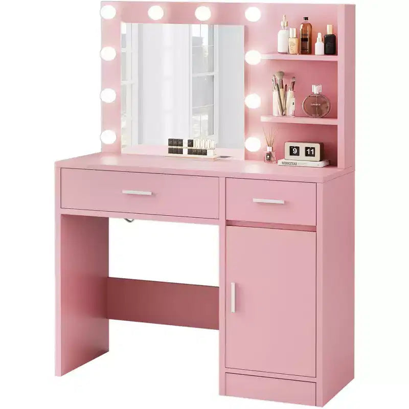 HYLEORY Tavolo da trucco con specchio, presa di corrente e 10 luci, con 3 cassetti, 3 modalità di colore disponibili per la camera da letto