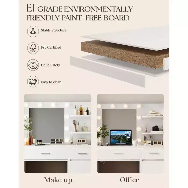 HYLEORY Tavolo da trucco con specchio, presa di corrente e 10 luci, con 3 cassetti, 3 modalità di colore disponibili per la camera da letto