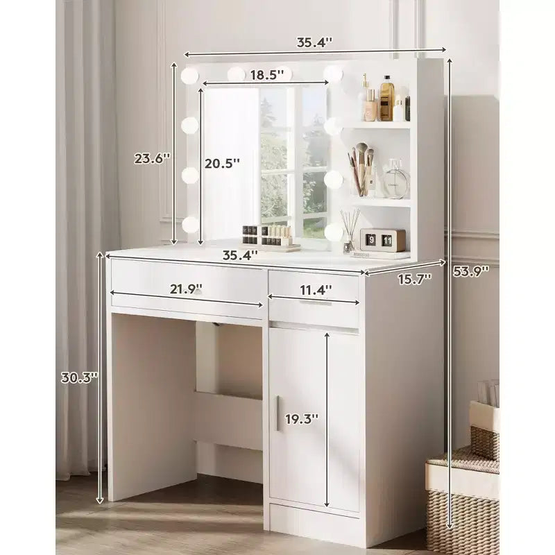 HYLEORY Tavolo da trucco con specchio, presa di corrente e 10 luci, con 3 cassetti, 3 modalità di colore disponibili per la camera da letto