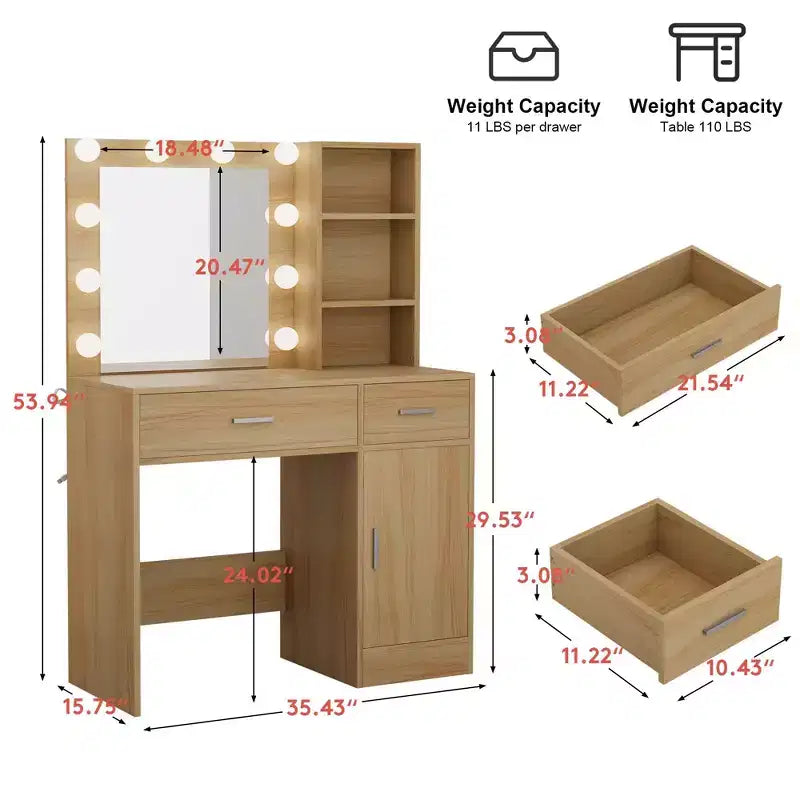 HYLEORY Tavolo da trucco con specchio, presa di corrente e 10 luci, con 3 cassetti, 3 modalità di colore disponibili per la camera da letto