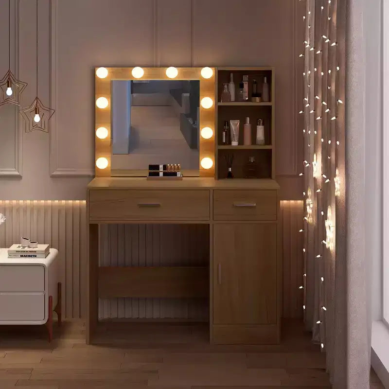 HYLEORY Tavolo da trucco con specchio, presa di corrente e 10 luci, con 3 cassetti, 3 modalità di colore disponibili per la camera da letto