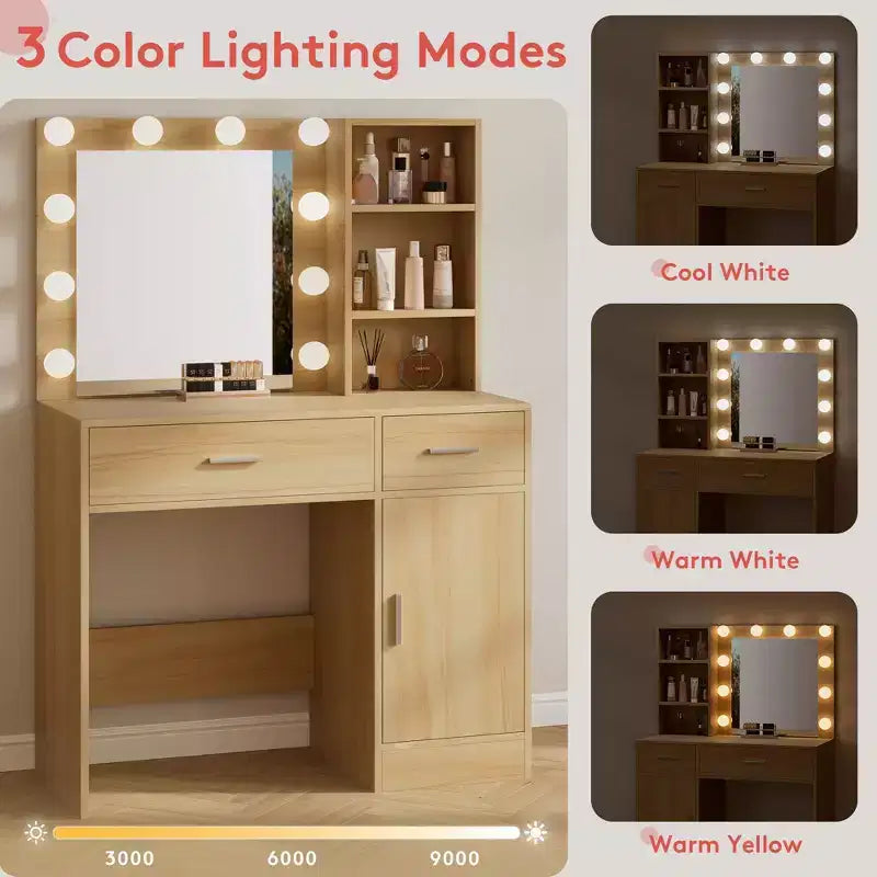 HYLEORY Tavolo da trucco con specchio, presa di corrente e 10 luci, con 3 cassetti, 3 modalità di colore disponibili per la camera da letto