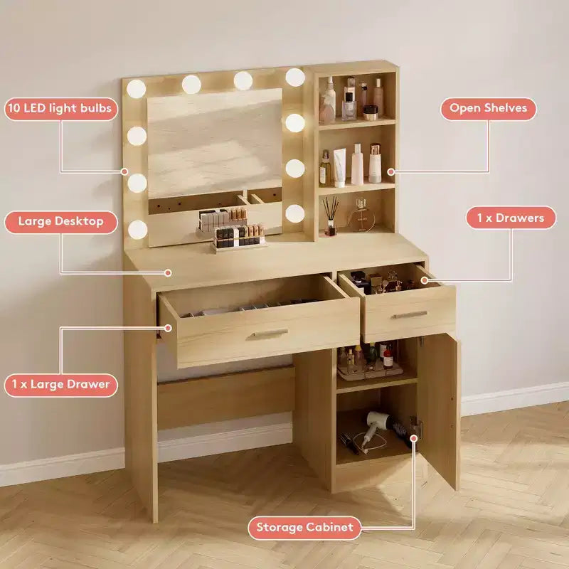HYLEORY Tavolo da trucco con specchio, presa di corrente e 10 luci, con 3 cassetti, 3 modalità di colore disponibili per la camera da letto