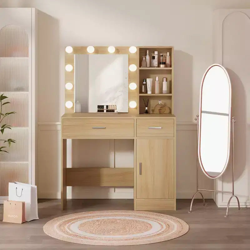 HYLEORY Tavolo da trucco con specchio, presa di corrente e 10 luci, con 3 cassetti, 3 modalità di colore disponibili per la camera da letto