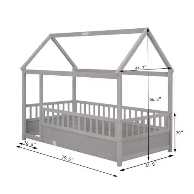 Single-Person Low-Profile Wood Bed with House-Style Roof and Fence Railings