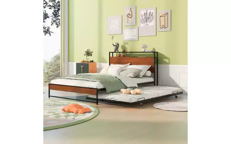Metal Full Size Bed Frame with Trundle Bed, Integrated USB Ports, and Slat System C Box Spring Optional