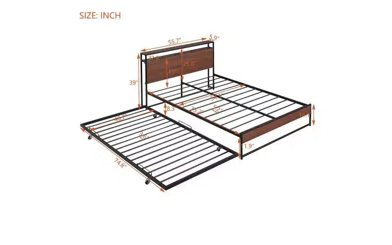 Struttura letto matrimoniale in metallo con letto estraibile, porte USB integrate e sistema a doghe (box spring opzionale)