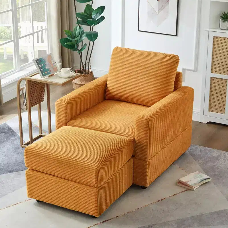 Poltrona imbottita GDFStudio Warner in velluto a coste 32W con pouf