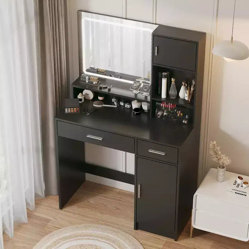 Mobile Toeletta da 35,4" con Specchio e Striscia LED, Tavolo da Trucco con Cassetti, Comò a 3 Livelli e 3 Modalità di Illuminazione - ModernLuxe