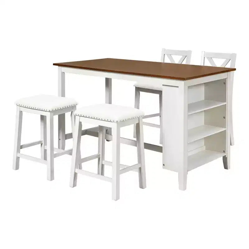 Set da pranzo rustico da 5 pezzi in stile fattoria con tavolo da pranzo a altezza bancone, 2 sedie e 2 sgabelli, grigio/bianco-ModernLuxe
