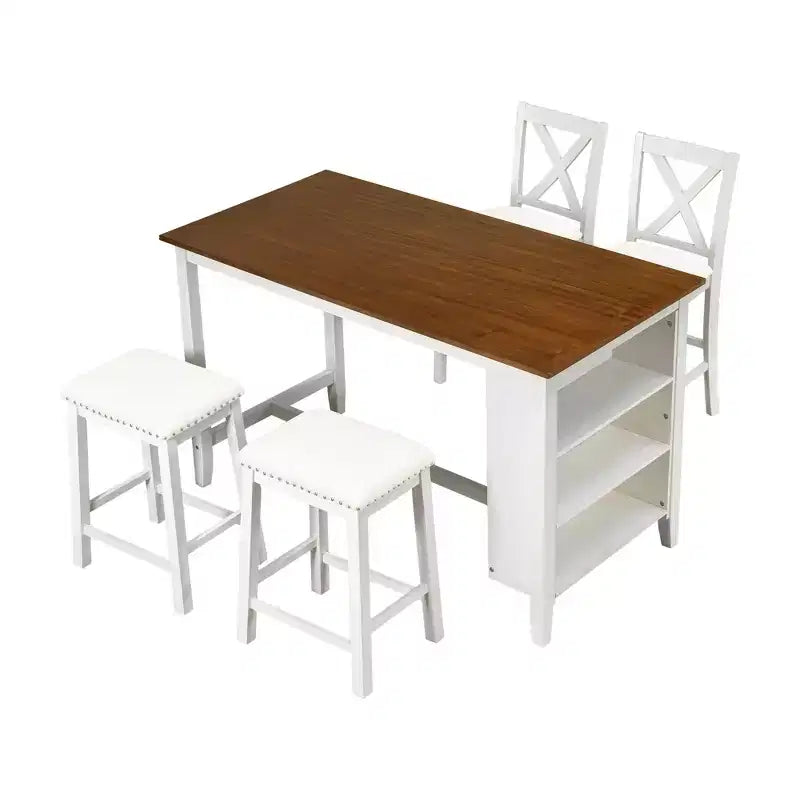 Set da pranzo rustico da 5 pezzi in stile fattoria con tavolo da pranzo a altezza bancone, 2 sedie e 2 sgabelli, grigio/bianco-ModernLuxe