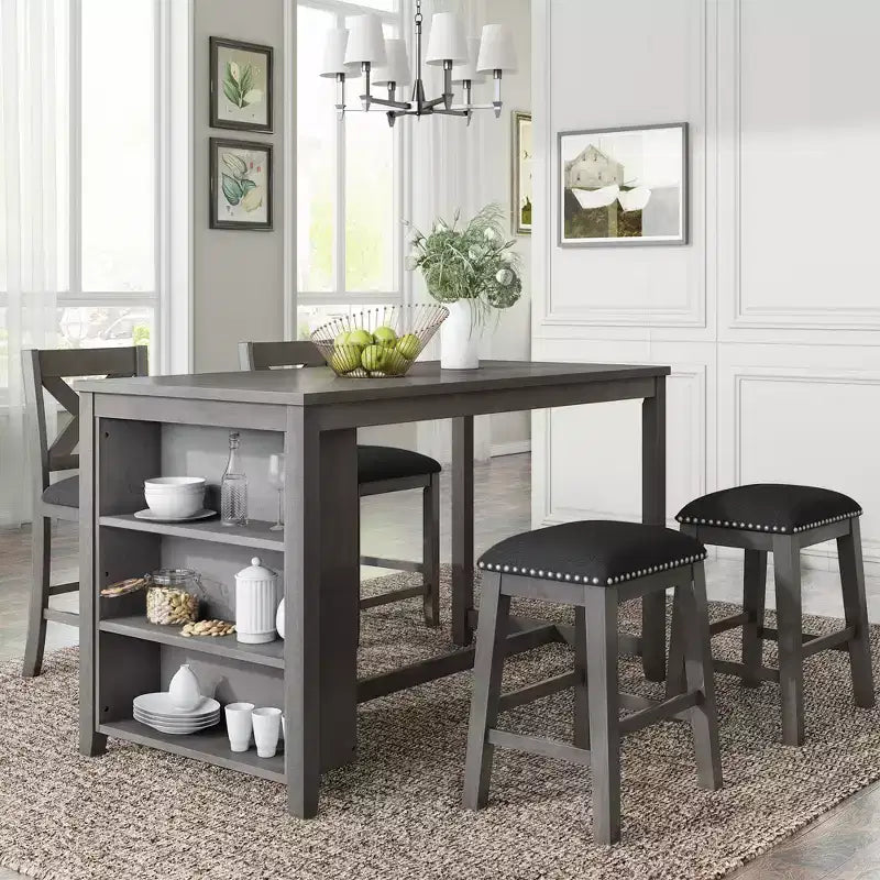 Set da pranzo rustico da 5 pezzi in stile fattoria con tavolo da pranzo a altezza bancone, 2 sedie e 2 sgabelli, grigio/bianco-ModernLuxe