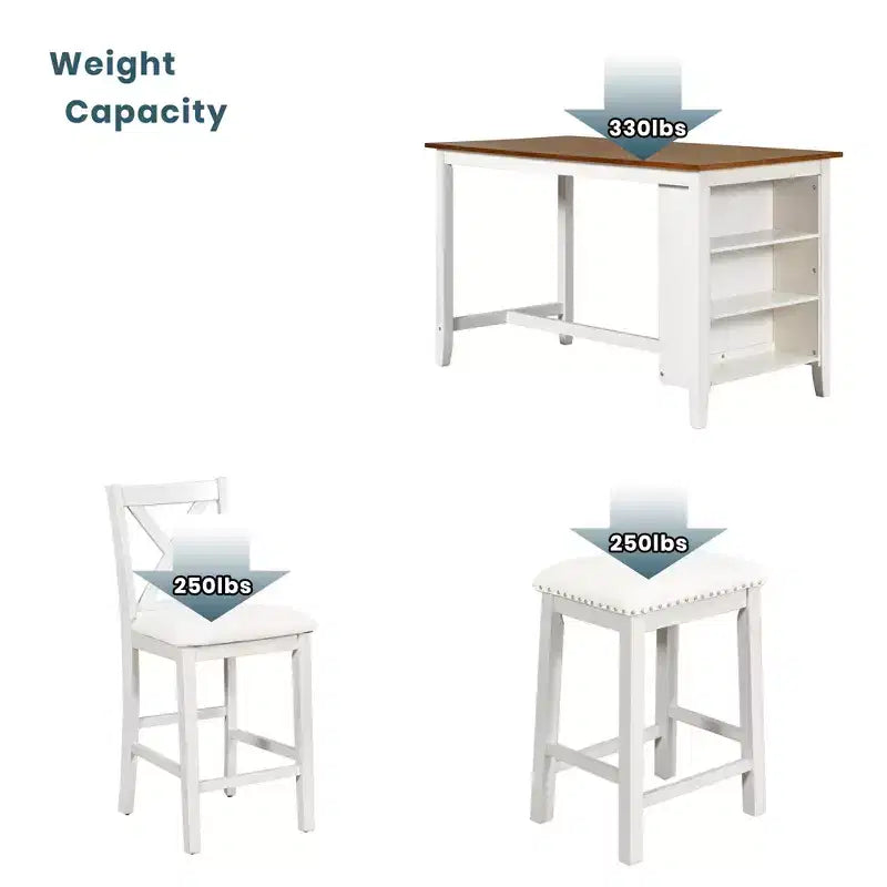 Set da pranzo rustico da 5 pezzi in stile fattoria con tavolo da pranzo a altezza bancone, 2 sedie e 2 sgabelli, grigio/bianco-ModernLuxe