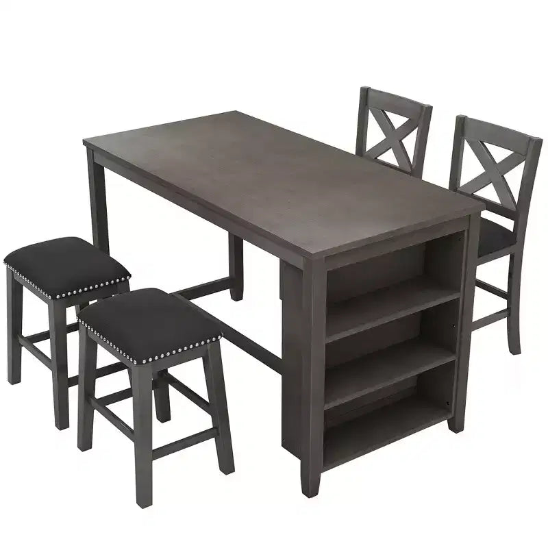 Set da pranzo rustico da 5 pezzi in stile fattoria con tavolo da pranzo a altezza bancone, 2 sedie e 2 sgabelli, grigio/bianco-ModernLuxe