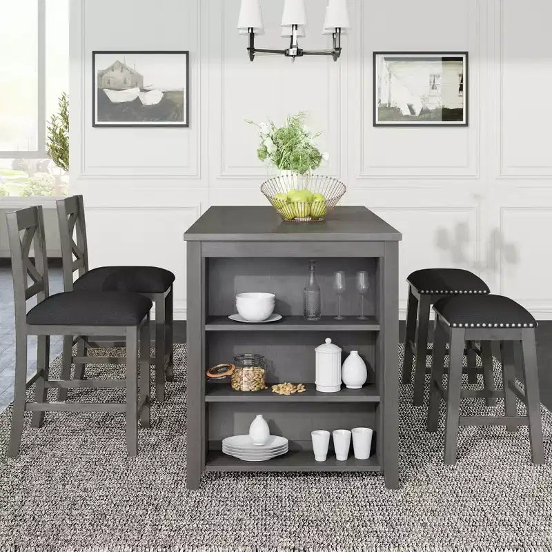 5-Piece Rustic Farmhouse Dining Table Set Dining Set with Counter Bar Height Dining Table, 2 Dining Chairs and 2 Stools, Gray/White-ModernLuxe