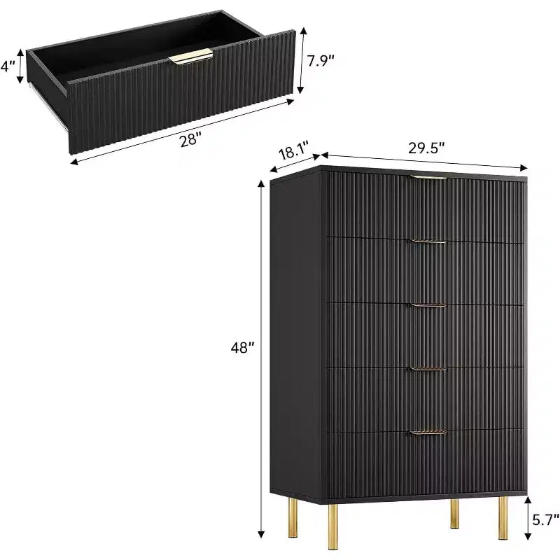 Comò moderno a 5 cassetti per camera da letto con maniglie dorate e cassetto grande, cassettiera doppia in legno e organizer contenitore