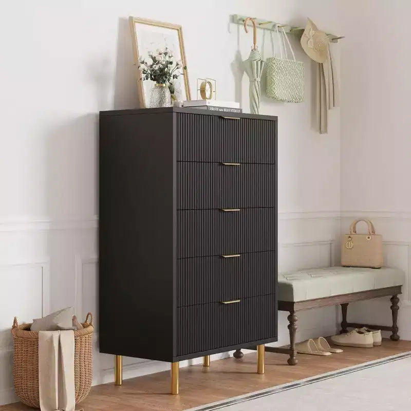 Modern 5 Drawer Dresser for Bedroom with Gold Handle and Large Drawer, Wood Double Chest of Drawers and Storage Organizer