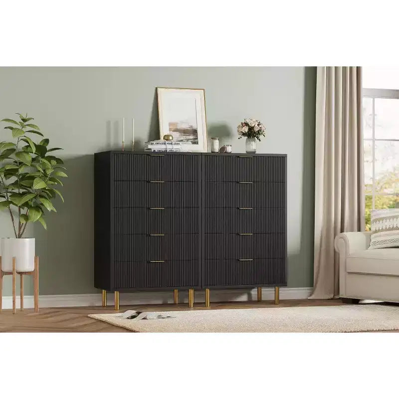 Modern 5 Drawer Dresser for Bedroom with Gold Handle and Large Drawer, Wood Double Chest of Drawers and Storage Organizer