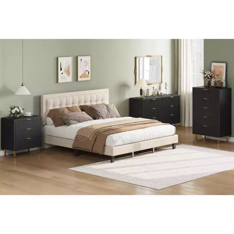 Comò moderno a 5 cassetti per camera da letto con maniglie dorate e cassetto grande, cassettiera doppia in legno e organizer contenitore
