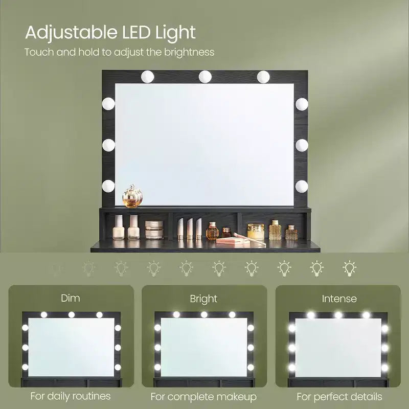 VASAGLE Toeletta con Specchio e Luci, Specchiera Trucco con Ampio Specchio, Luminosità Regolabile, Tavolo da Trucco, Moderna Scrivania per Trucco
