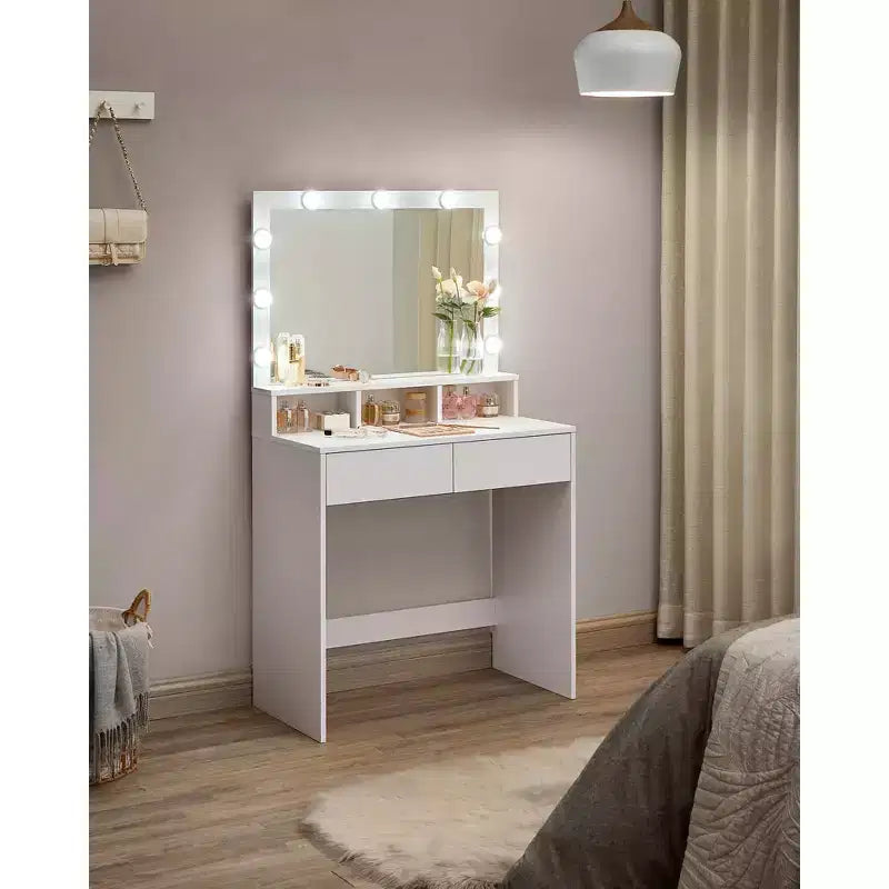 VASAGLE Toeletta con Specchio e Luci, Specchiera Trucco con Ampio Specchio, Luminosità Regolabile, Tavolo da Trucco, Moderna Scrivania per Trucco