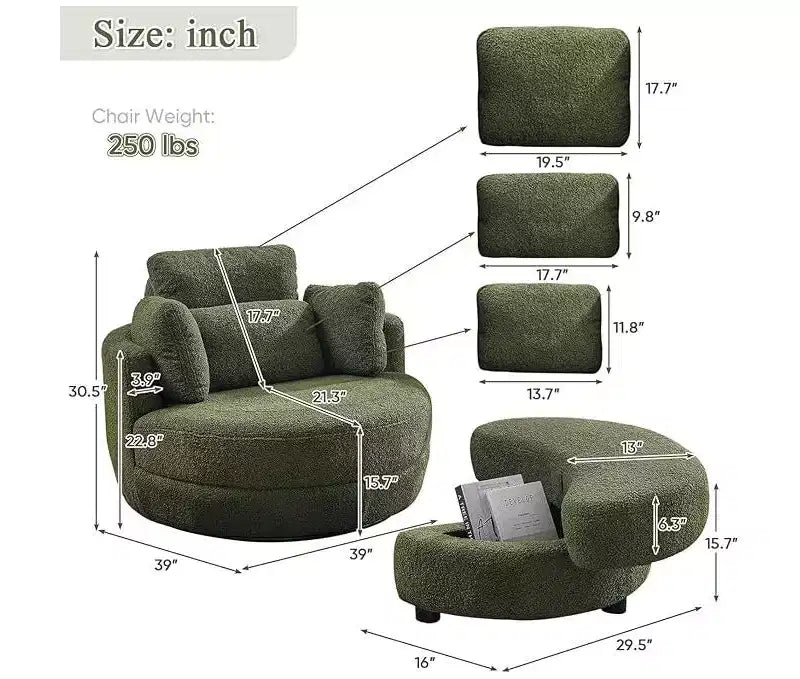GDFStudio Dinah Moderna Sedia Girevole a 360° in Bouclé Alta 40 cm con Pouf Contenitore