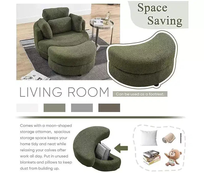 GDFStudio Dinah Moderna Sedia Girevole a 360° in Bouclé Alta 40 cm con Pouf Contenitore