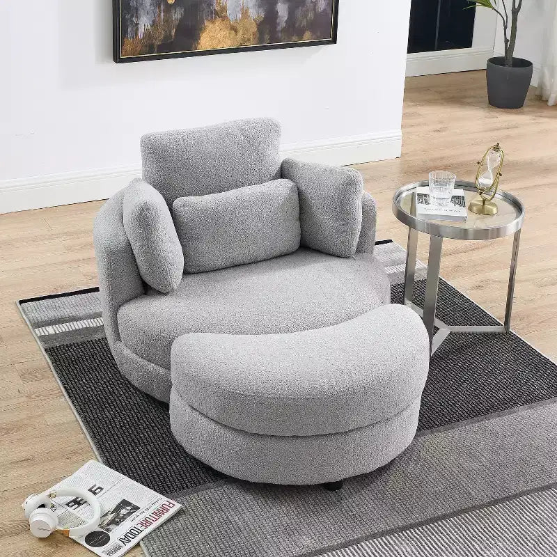 GDFStudio Dinah Moderna Sedia Girevole a 360° in Bouclé Alta 40 cm con Pouf Contenitore