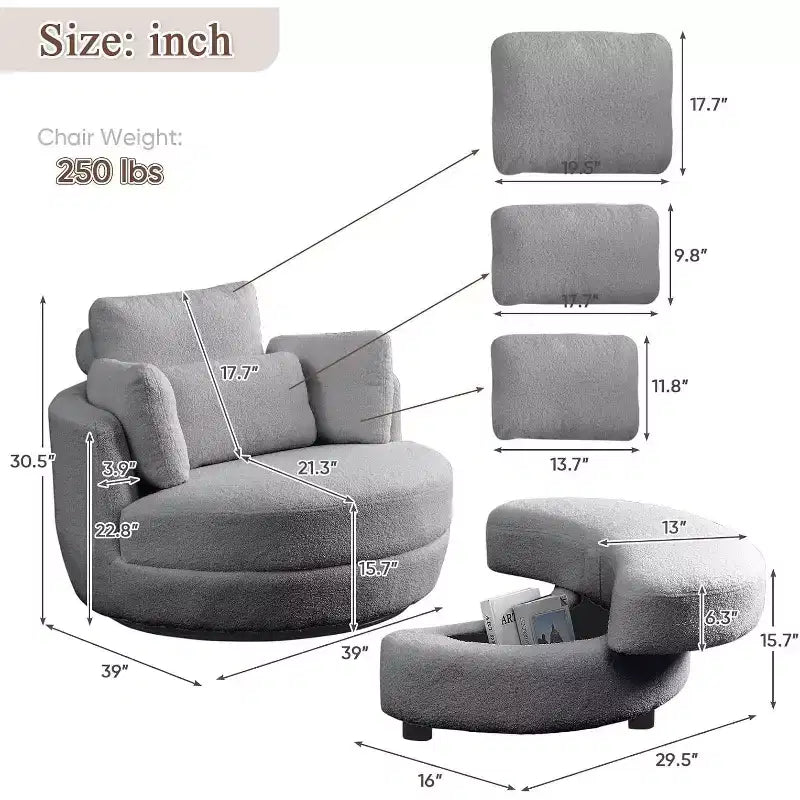 GDFStudio Dinah Moderna Sedia Girevole a 360° in Bouclé Alta 40 cm con Pouf Contenitore